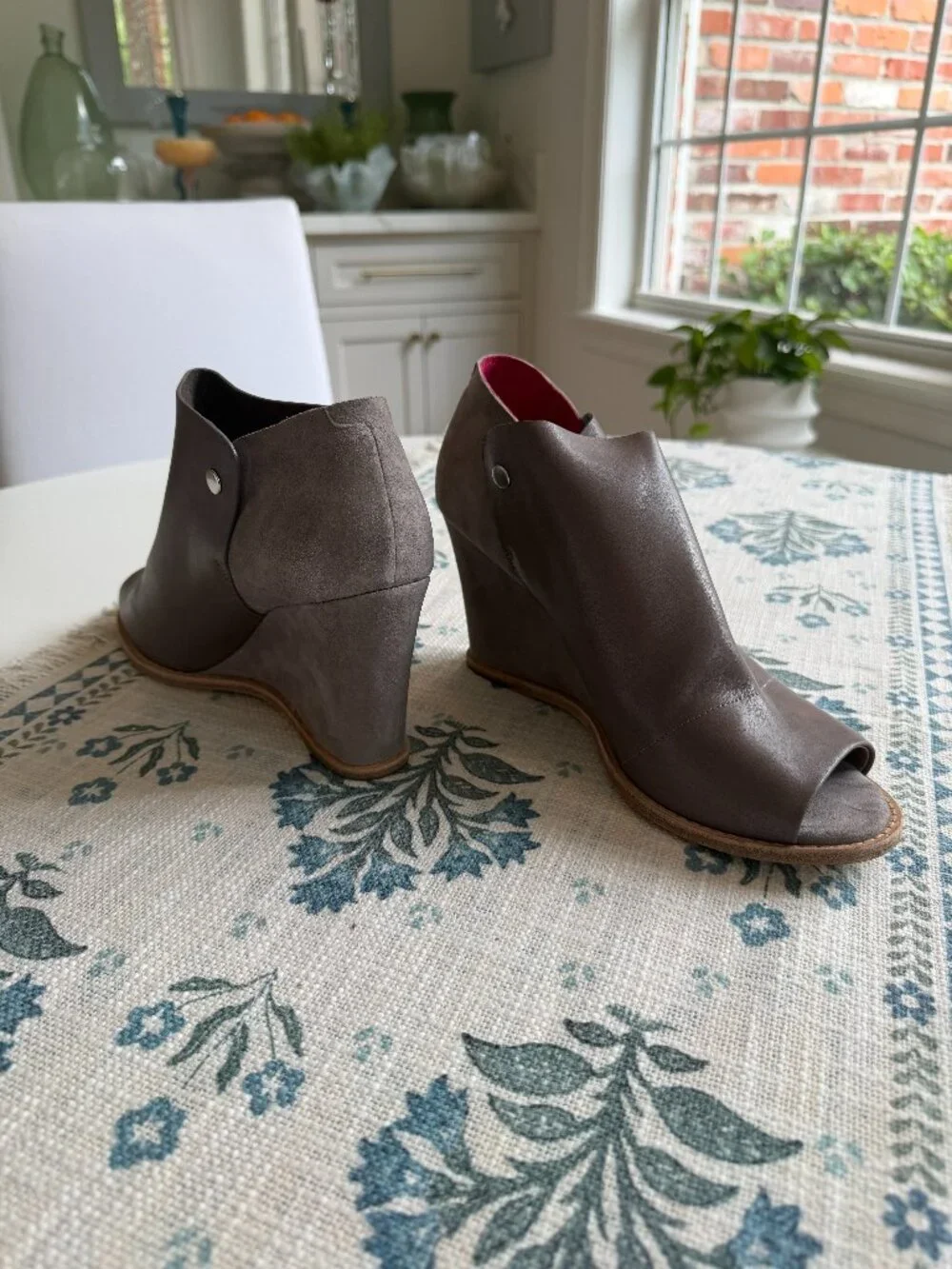 Taupe Leather Peep-Toe Wedge Bootie | Sigerson Morrison | Size W 9